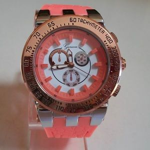 Men’s peach orange/rose gold/silver finish silicone band fashion watch
